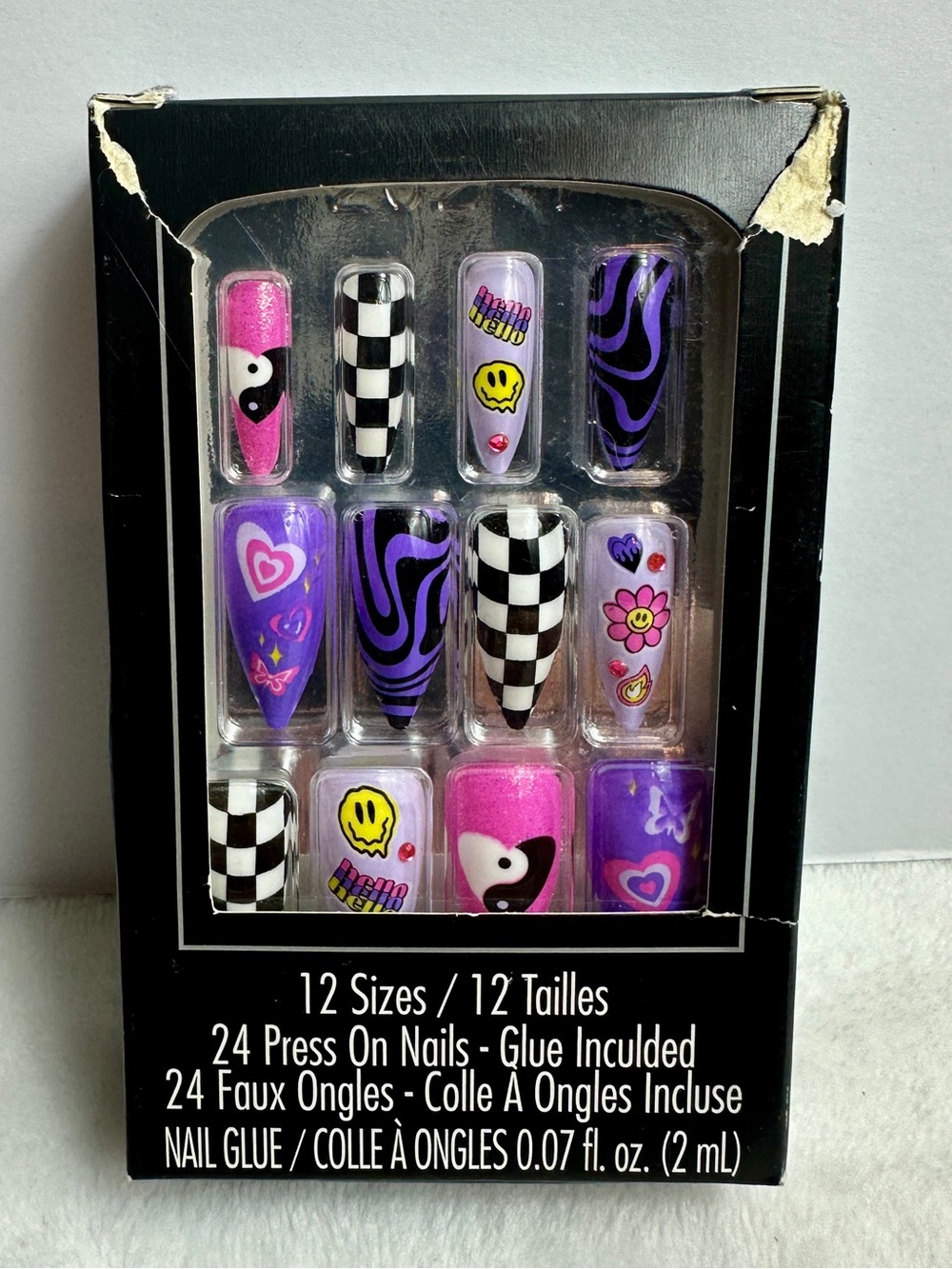 Spencer’s Body Rage Press on Nails 90’s 24 pack | 12 sizes NEW RARE smiley check